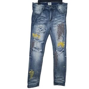 KDNK Distressed Ripped Jeans Paint Splatter Slim Fit Men Size 34 Grunge Distress